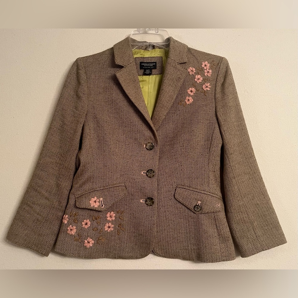 Floral Embroidered Herringbone Blazer Academia Boho Vintage